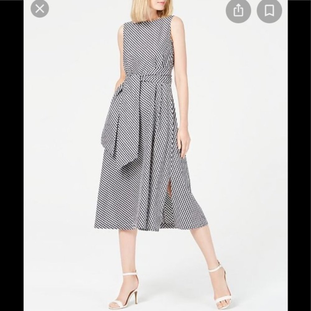 Anne Klein Gingham Sleeveless Midi Dress with Embroidered Flowers